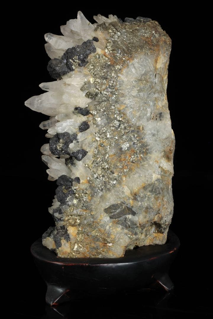 国産 白水晶クラスター 黄鉄鉱共生 青色虹彩 鑑賞石 原石 台座付 2166g