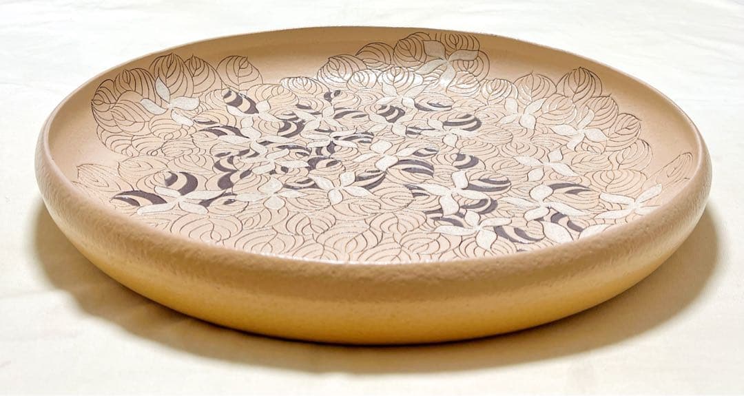 和平窯　故陶芸家　鎗田和平作　黄泥山法師紋皿　直径41cm超大皿　飾皿　希少品