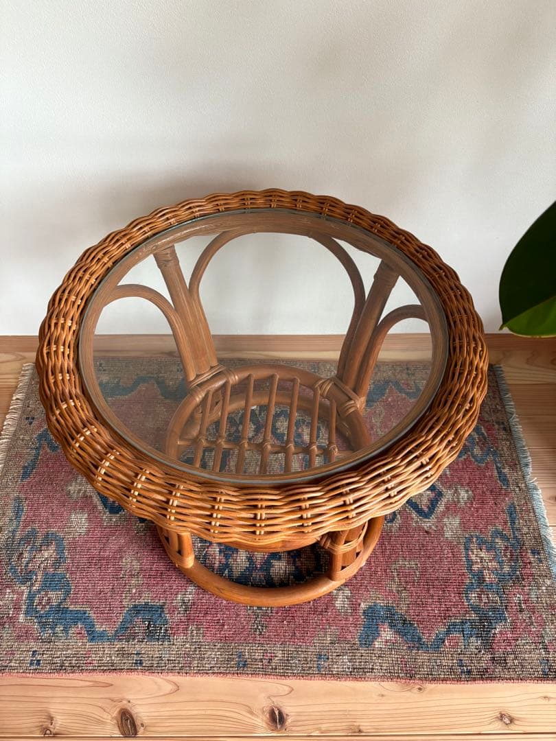 籐 ラタン ガラスサイドテーブル★アンティーク