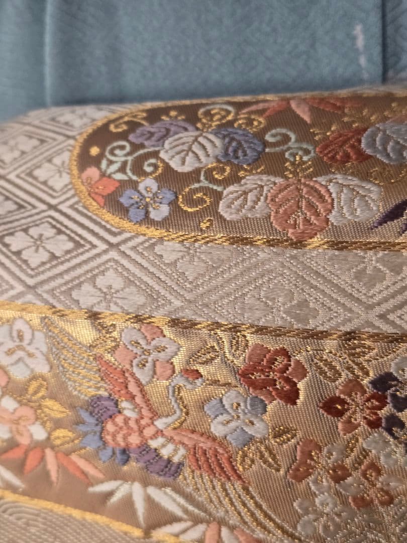 作家物　刺繍　４点フルセット　裄丈長め　訪問着　霞取りに花模様　袋帯