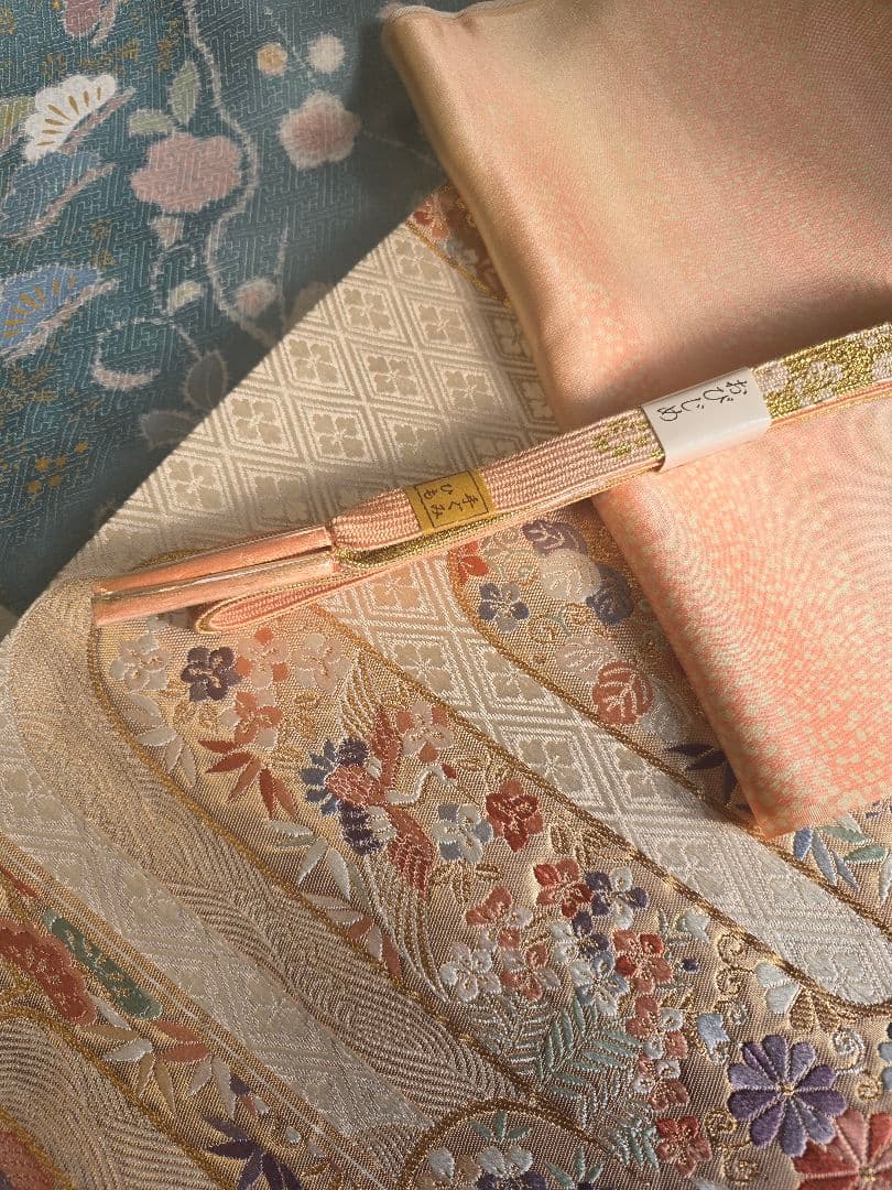 作家物　刺繍　４点フルセット　裄丈長め　訪問着　霞取りに花模様　袋帯