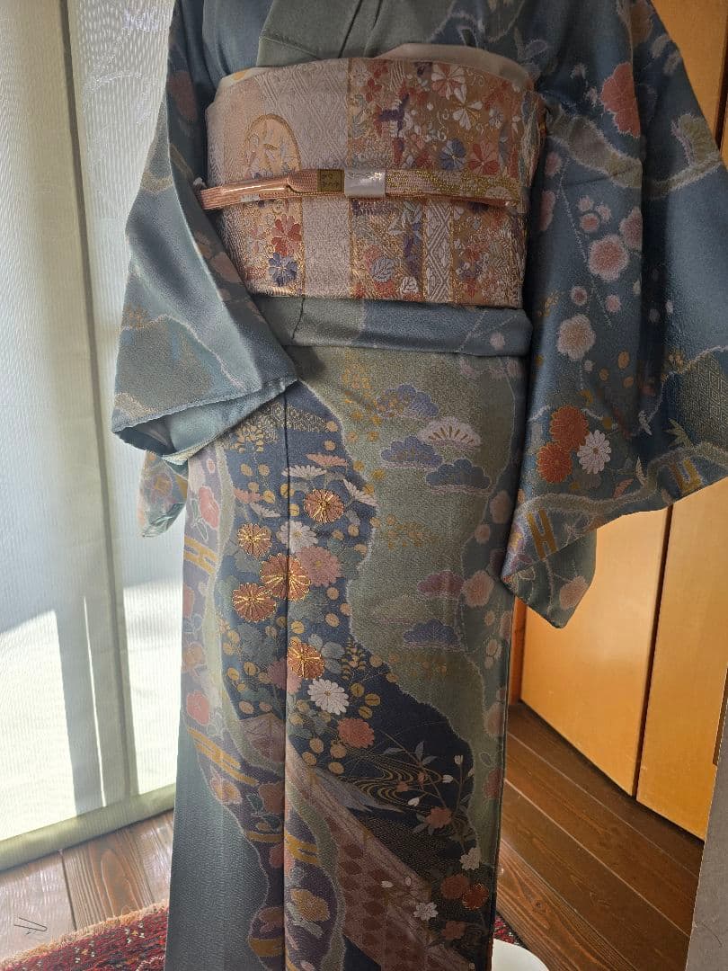 作家物　刺繍　４点フルセット　裄丈長め　訪問着　霞取りに花模様　袋帯