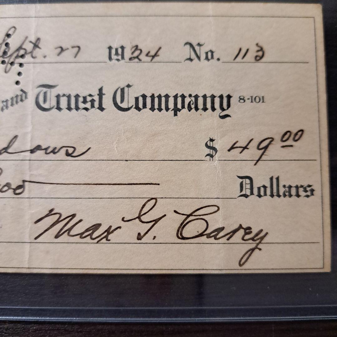 マックス・キャリー　直筆サイン　1934年　小切手　MLB 野球殿堂　HOF