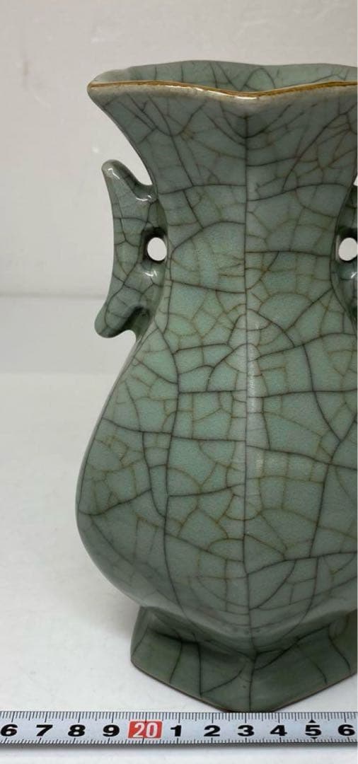 国古窯　哥窯青磁ヒビ焼　花瓶　高さ約18.4㎝