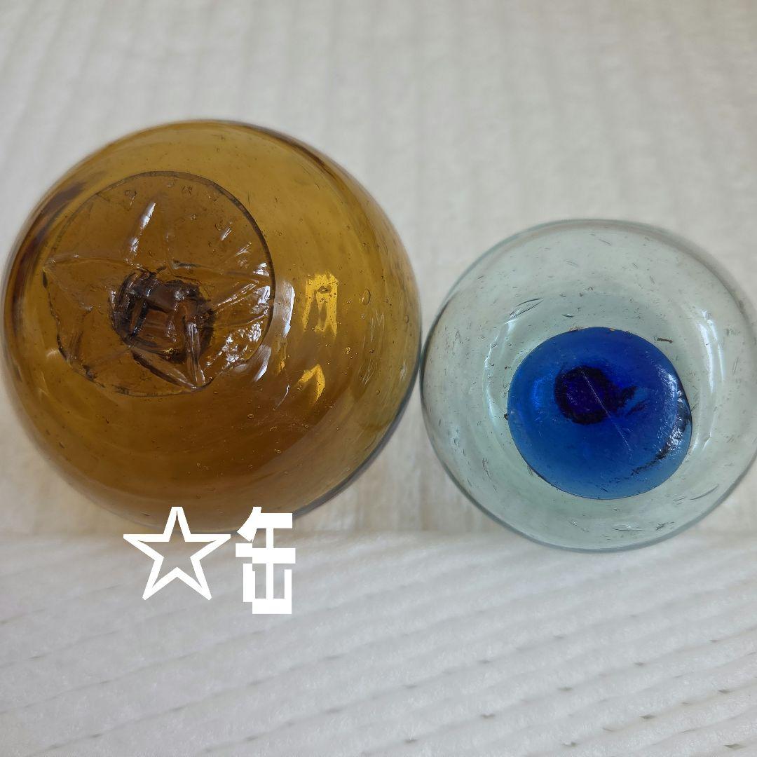 ガラス浮き玉 黄茶色 ☆缶 青ボタン
