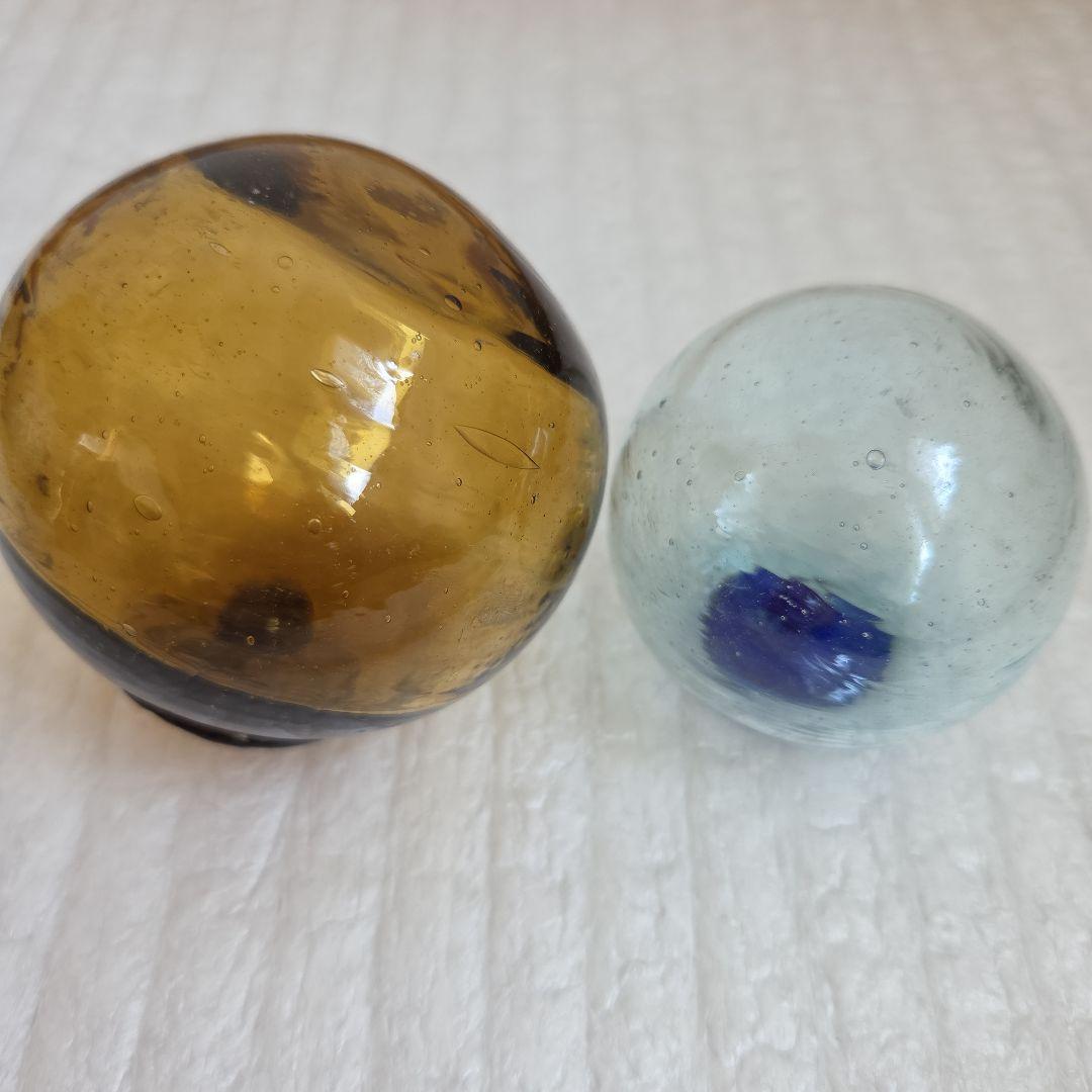 ガラス浮き玉 黄茶色 ☆缶 青ボタン