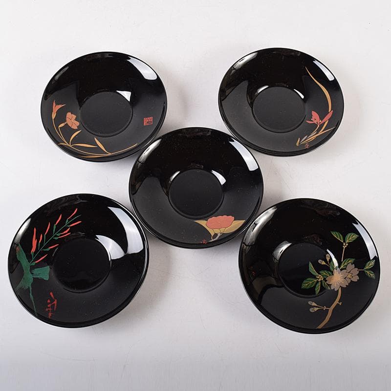 輪島塗　五作家　榎木盛　小森克巳など　草花蒔絵　茶托　五客　共箱　MR8548B