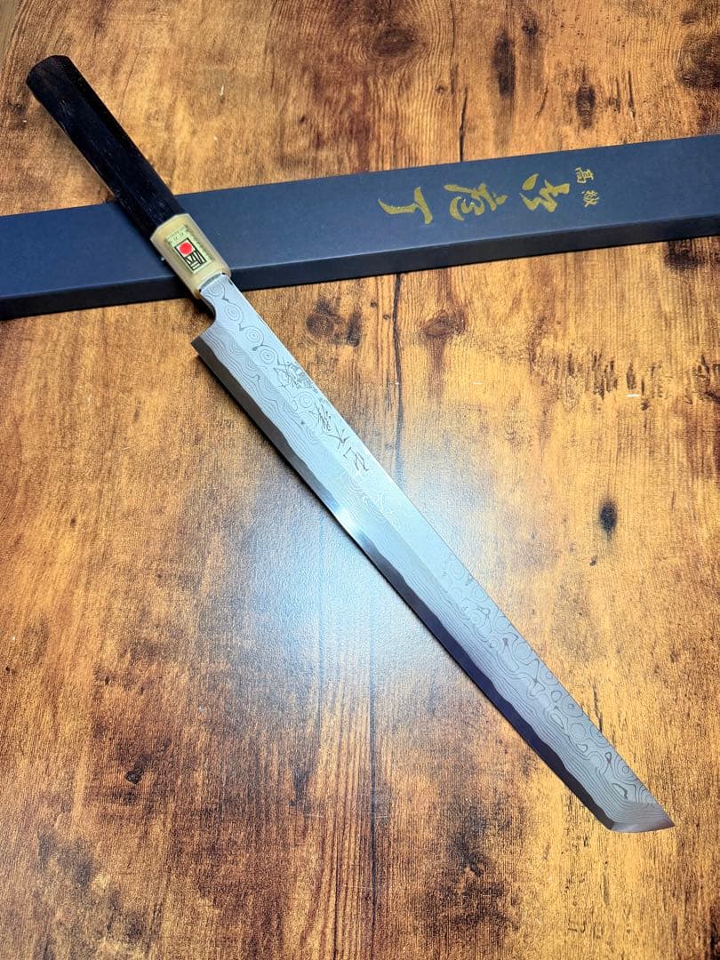 森本光一作　刺身 先丸　青ニ鋼 墨流し　尺一寸　黒檀八角水牛柄