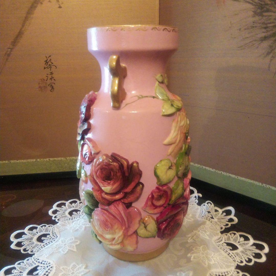 デコパージュ 作家 花瓶 特大 バラ ピンク ゴールド