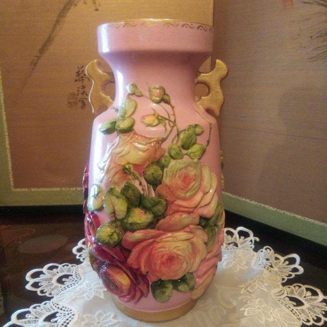 デコパージュ 作家 花瓶 特大 バラ ピンク ゴールド