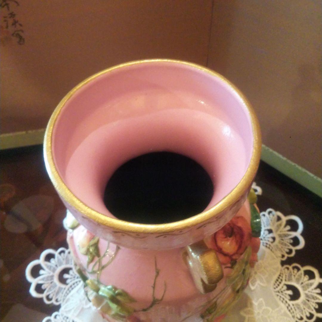 デコパージュ 作家 花瓶 特大 バラ ピンク ゴールド