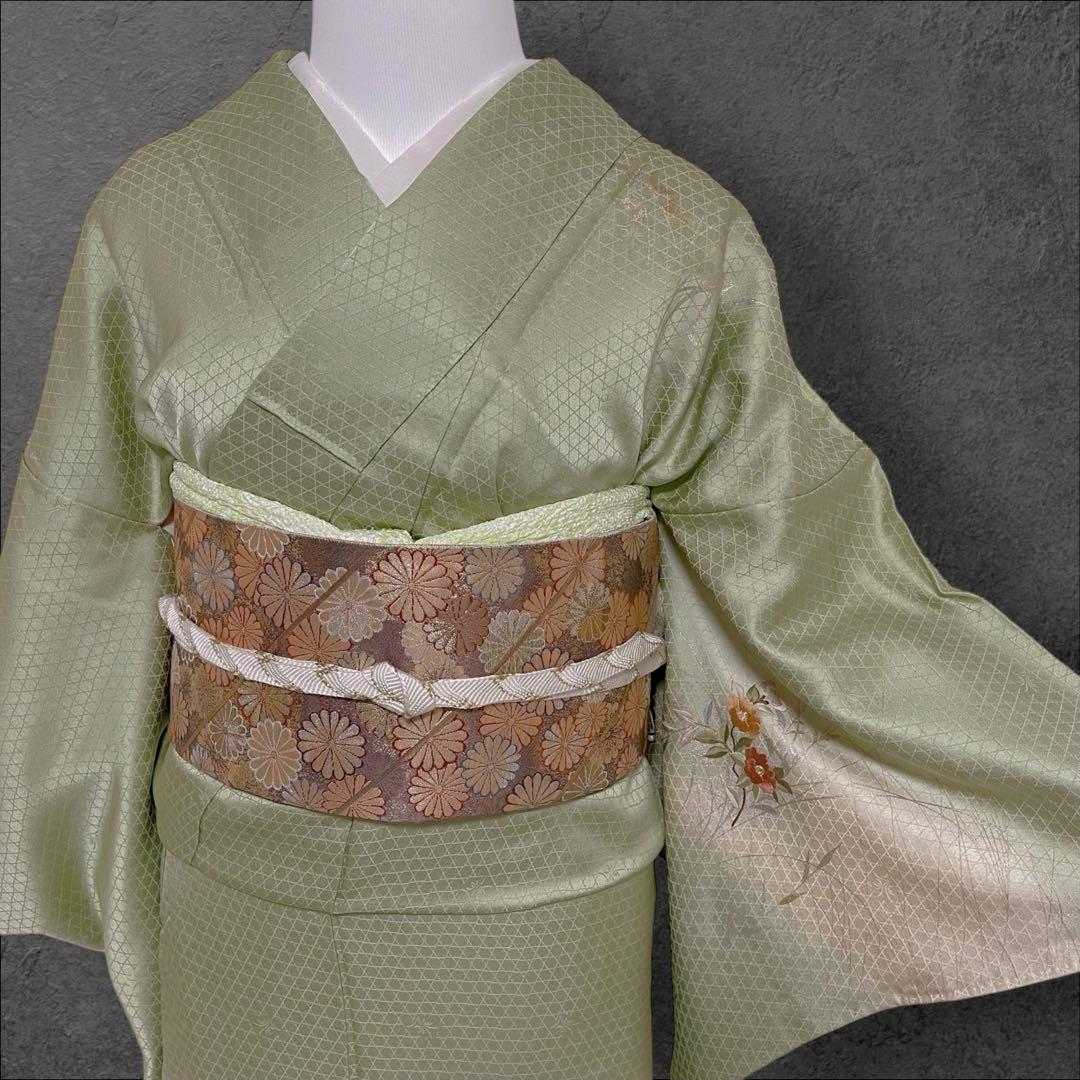 k233 正絹 亀甲地紋 訪問着 4点フルセット 身丈156裄丈65