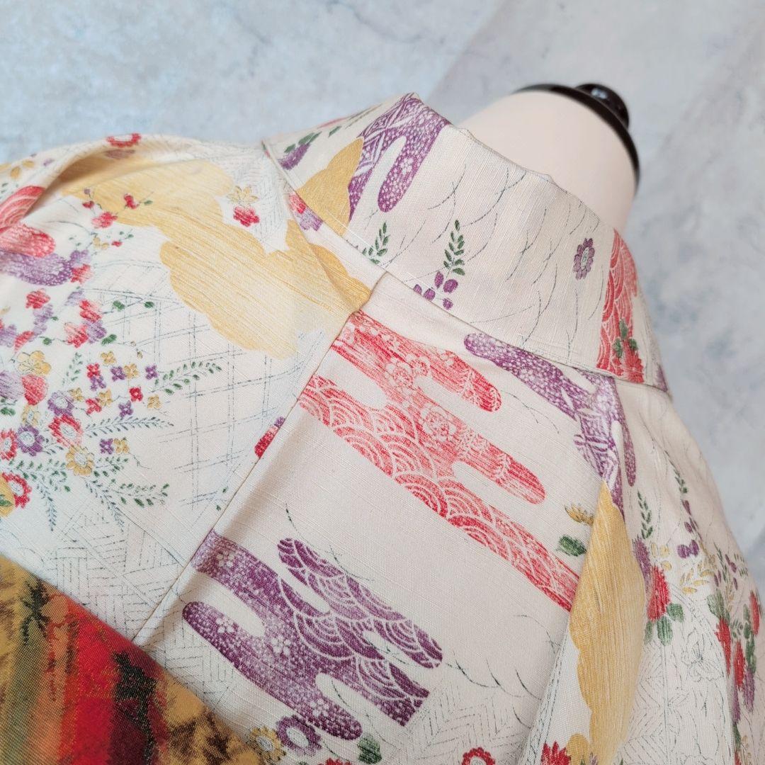 紬　帯締め帯揚げ　3点セット　着物　正絹　花　カラフル　色彩　白地　しつけ糸D2