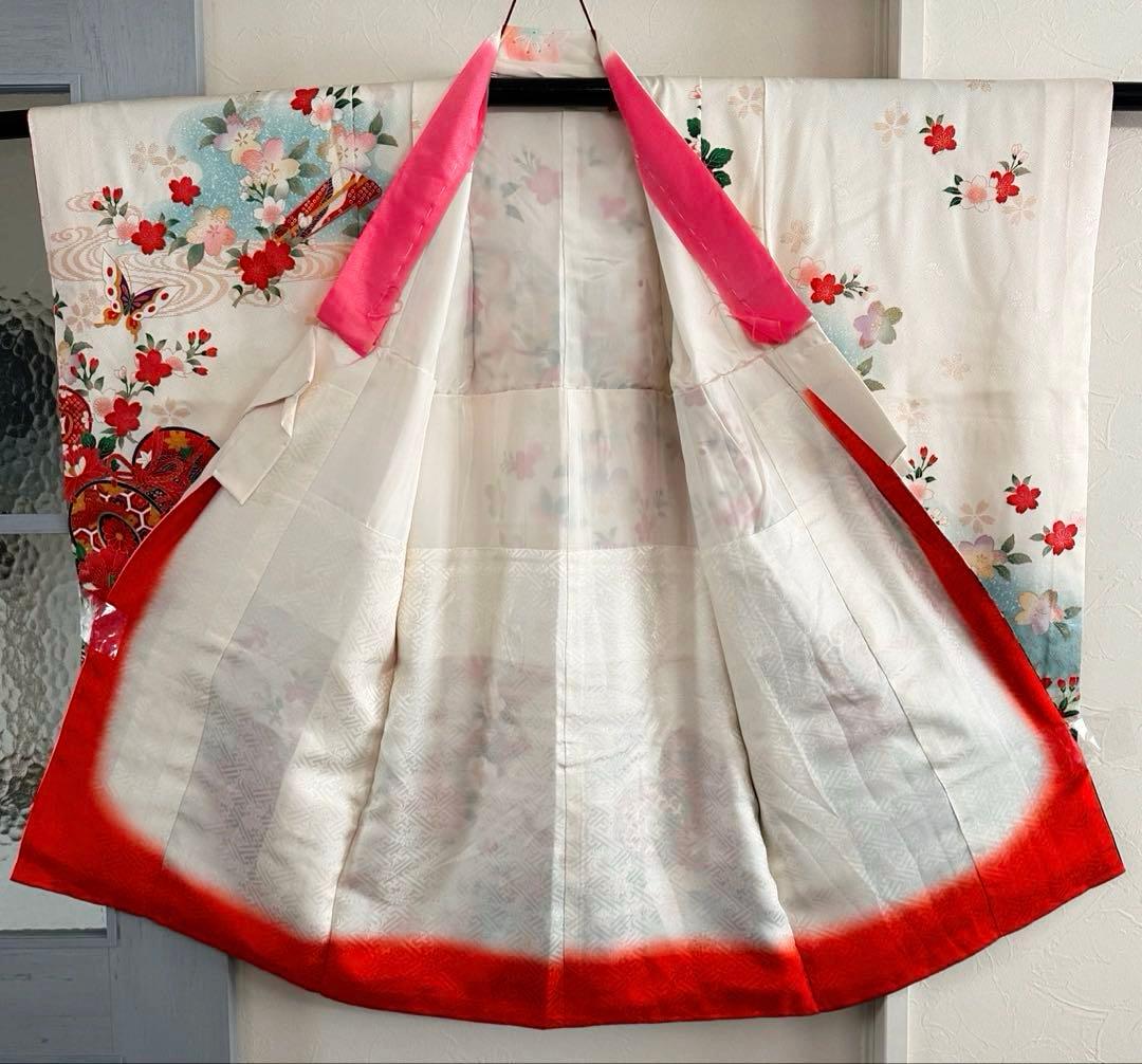 美品 七五三 7歳向け 正絹振袖＋袋帯セット 豪華金彩刺繍入り 古典柄 お祝い用