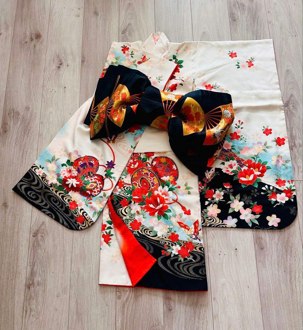 美品 七五三 7歳向け 正絹振袖＋袋帯セット 豪華金彩刺繍入り 古典柄 お祝い用