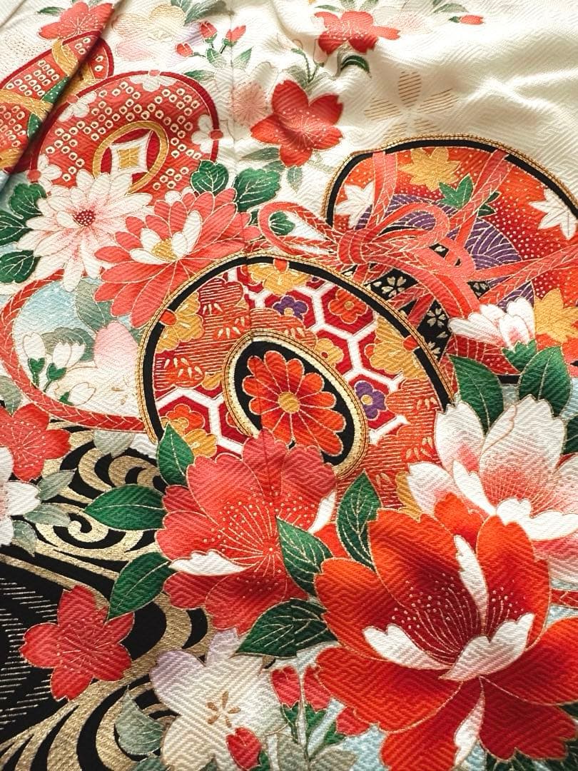 美品 七五三 7歳向け 正絹振袖＋袋帯セット 豪華金彩刺繍入り 古典柄 お祝い用