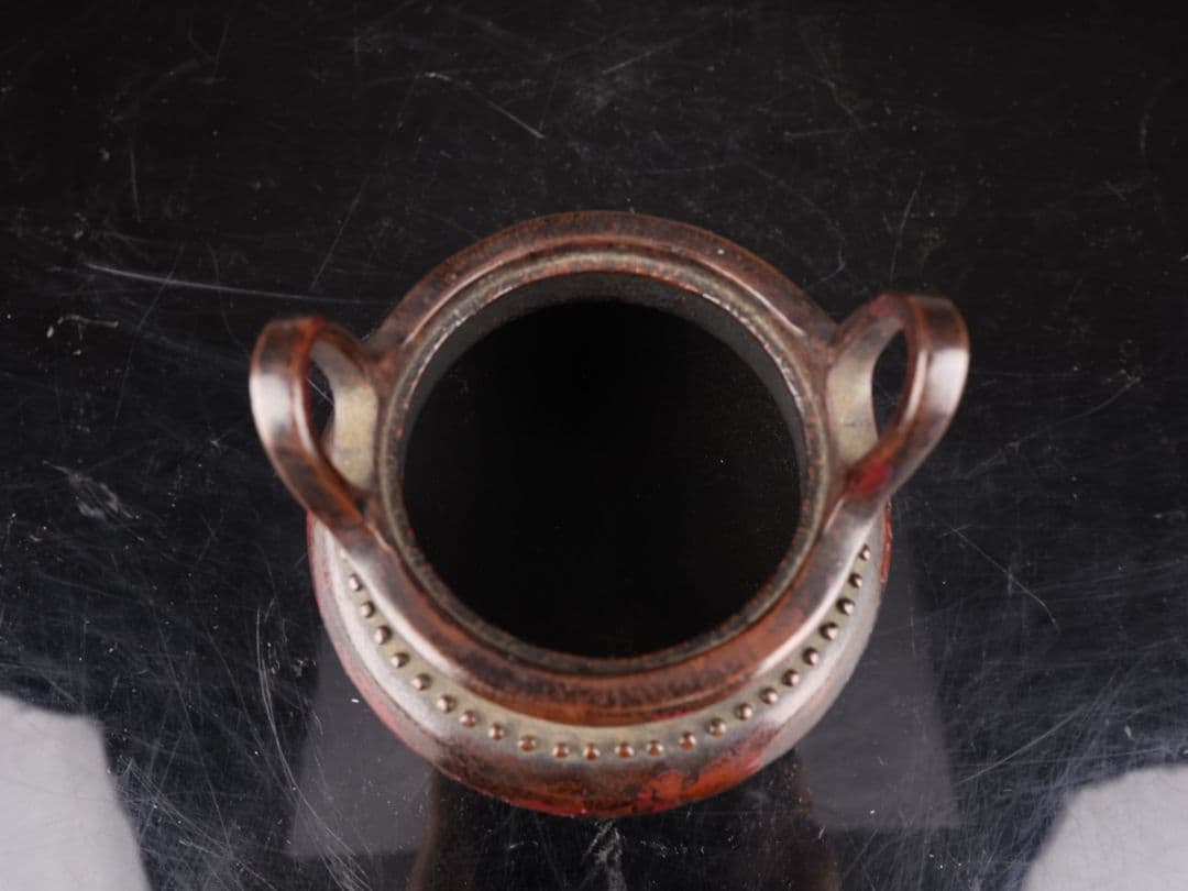 A561 【本間琢斎作】三ツ脚香炉 斑紫銅 獅子摘 香道具 重量588g