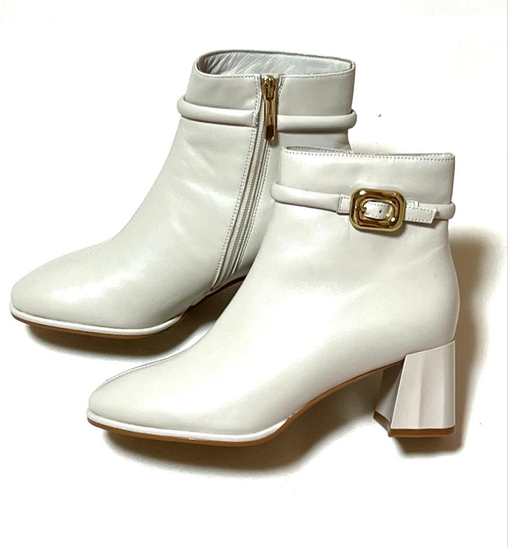 ☆新品未使用☆本革 ショートブーツ 牛革 アイボリー レディース23.5cm