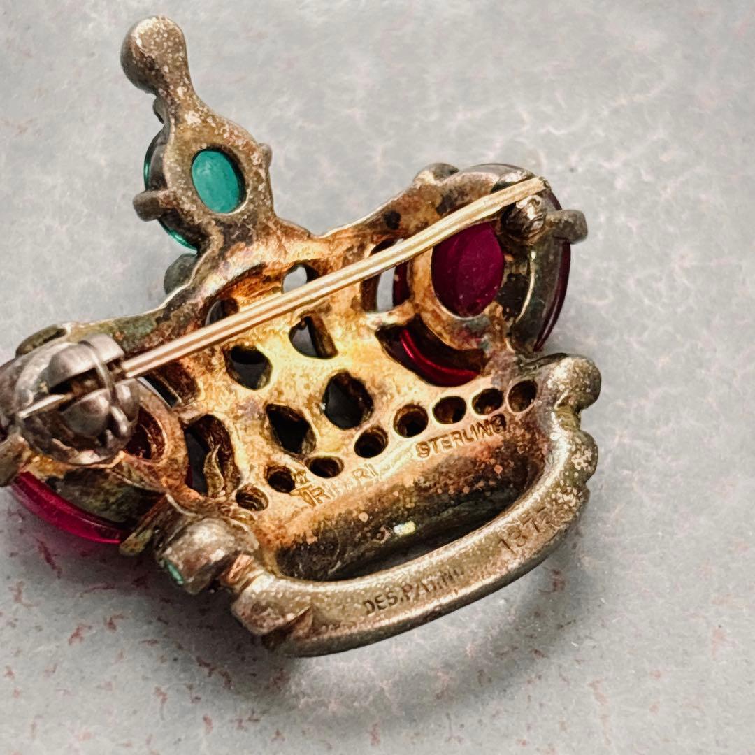 1940年代 トリファリ 王冠　ブローチ 赤カボション ヴィンテージ