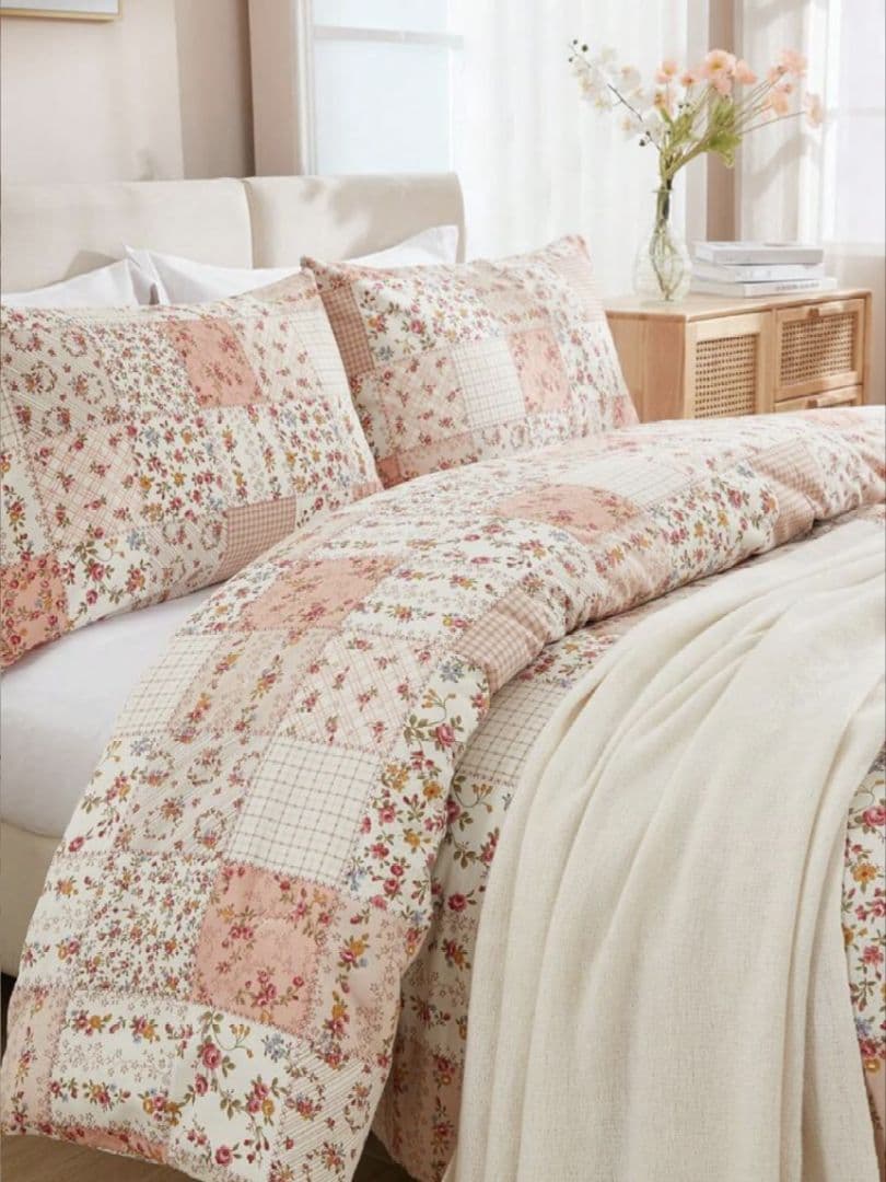 ＊新品＊枕＆ベッドカバーセット　綿100％ 可愛いパッチワーク風　キングサイズ