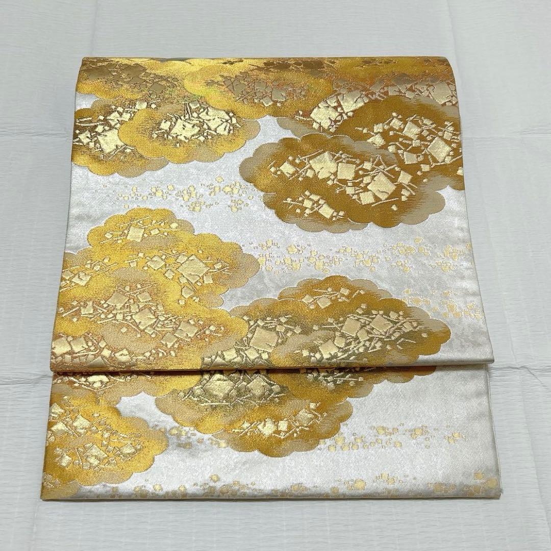 梅垣織物　袋帯　切箔雲文　西陣織　引箔　正絹　金銀糸　シルバー系