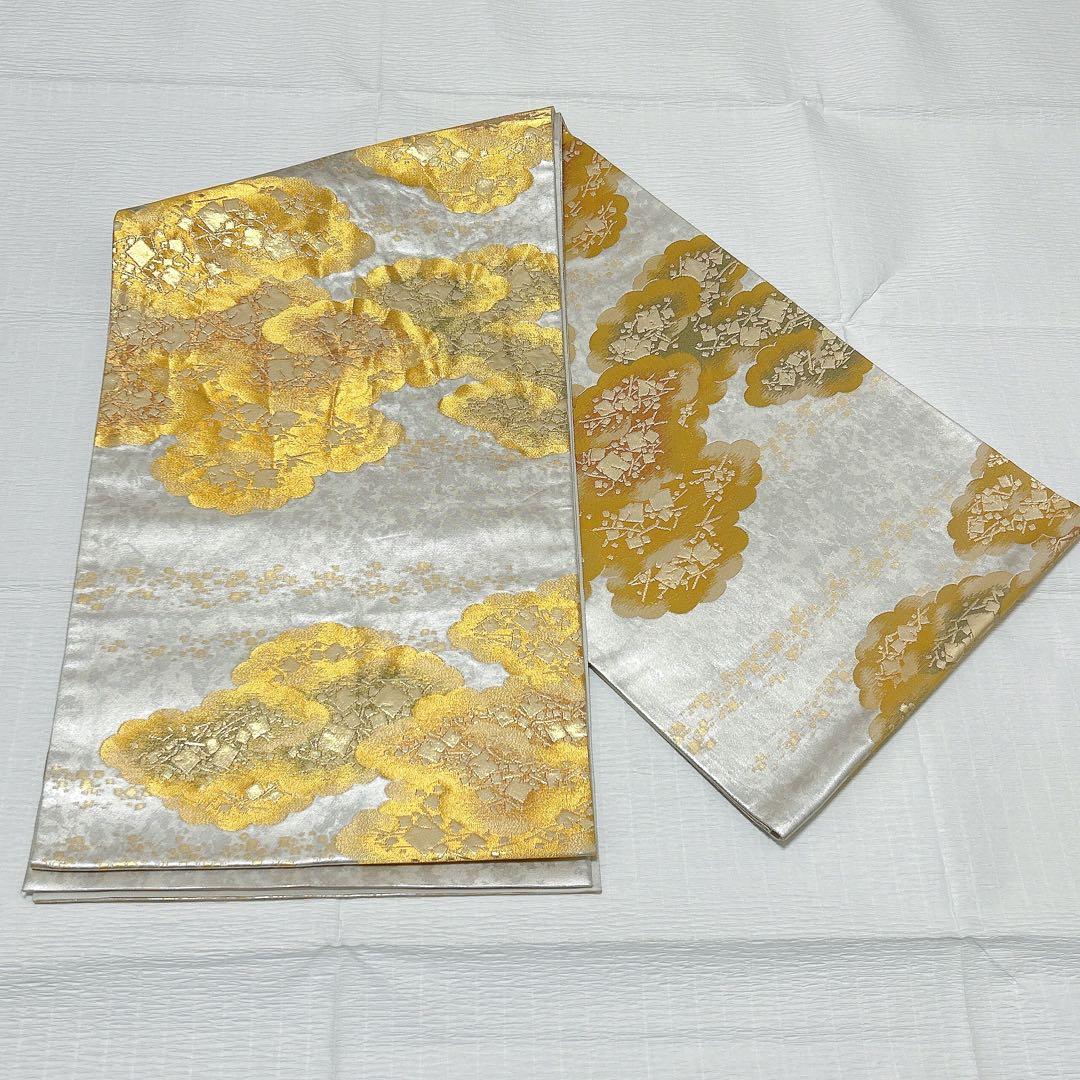 梅垣織物　袋帯　切箔雲文　西陣織　引箔　正絹　金銀糸　シルバー系