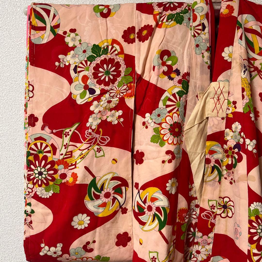 七五三　3歳　着物　アンティーク　ピンク　赤　被布　正絹