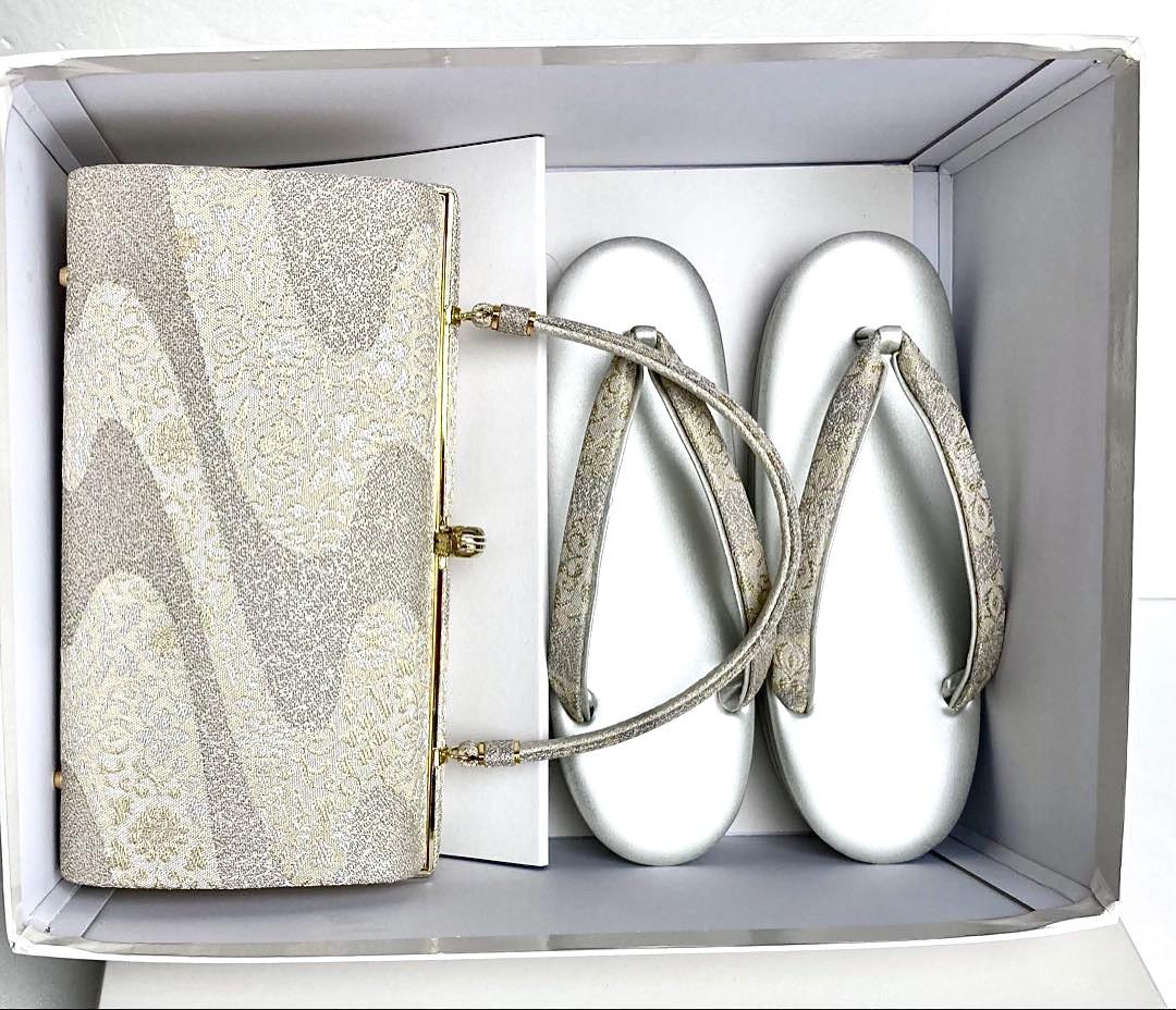 高級和装バック草履セット ホワイトシルバーに金銀糸 上品で聡明な佇まい ご入学式