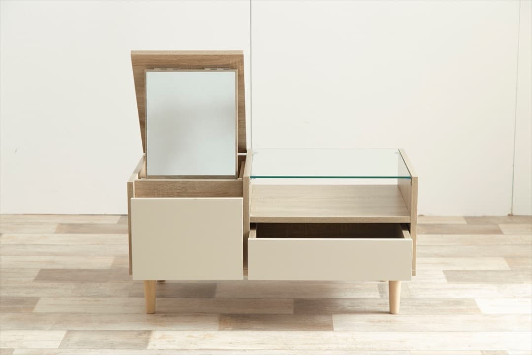 【送料無料】ディスプレイ収納付きドレッサーテーブル 机 ロー ガラス天板