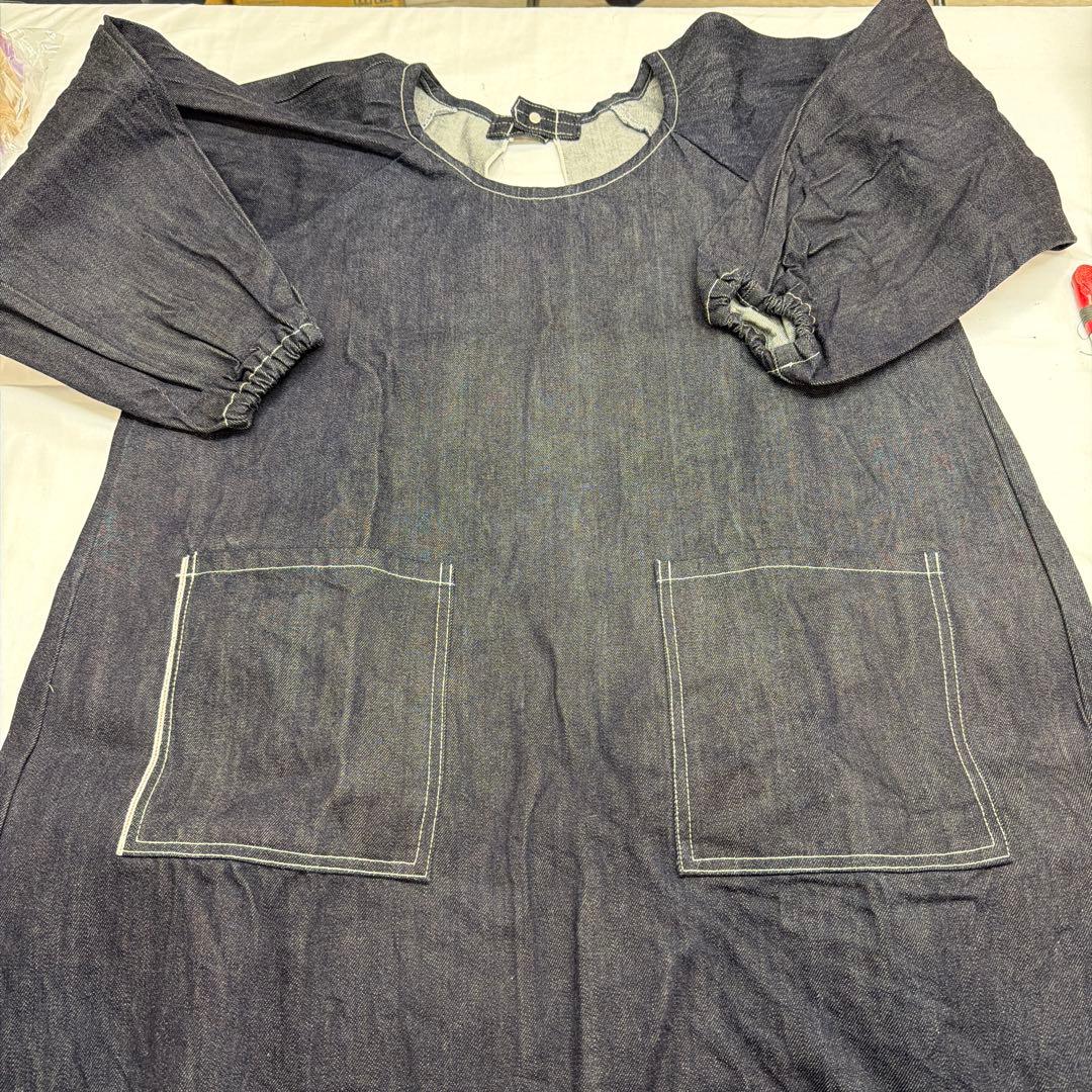 デニム割烹着 ダークブルー 長袖