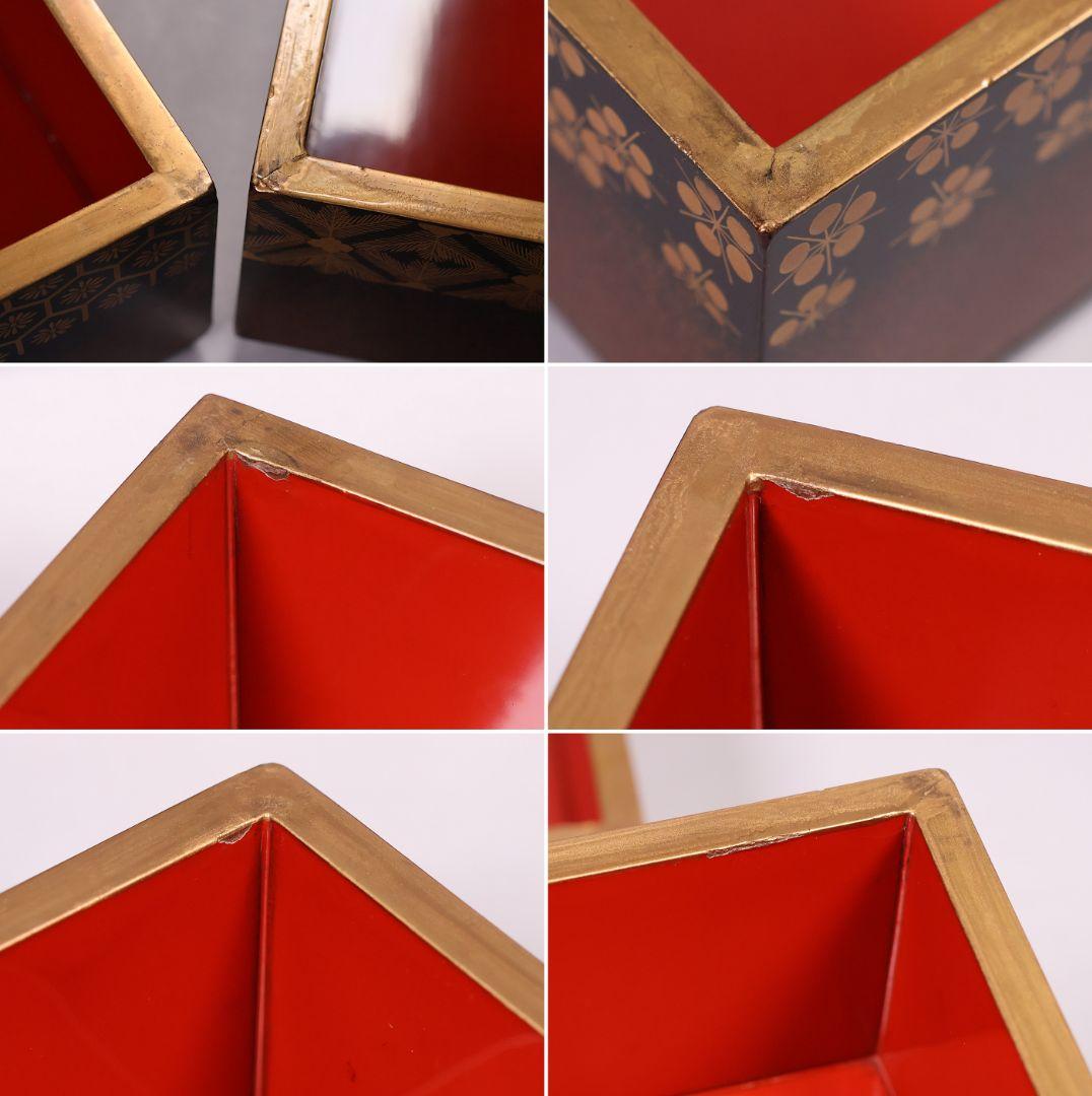 【MB207】時代漆芸 絵変金蒔絵 五段重箱 蓋二枚 小紋 梨地 内朱塗 天然木