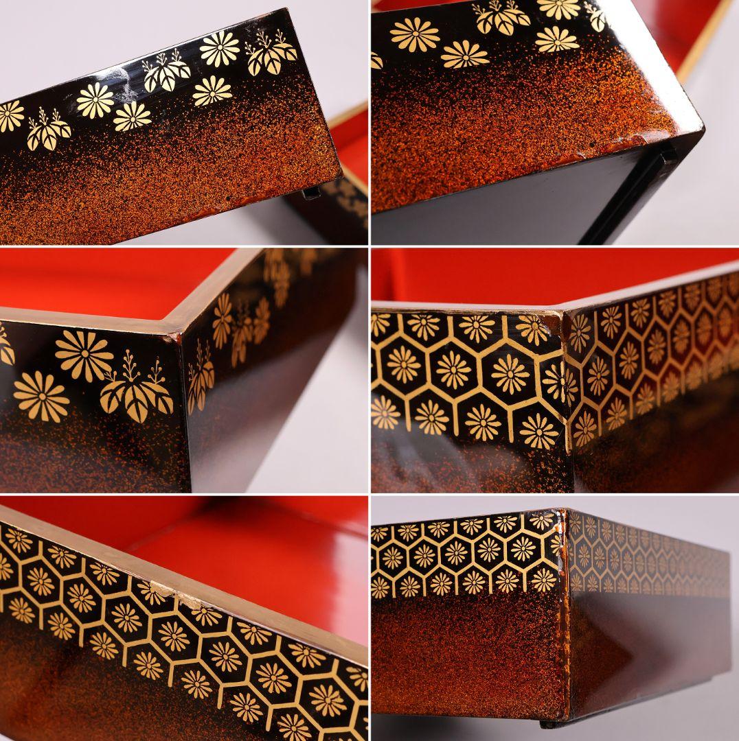 【MB207】時代漆芸 絵変金蒔絵 五段重箱 蓋二枚 小紋 梨地 内朱塗 天然木