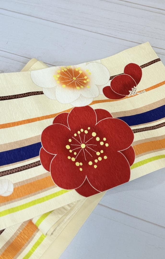 帯７　WA.KKA　梅の花・枝とおみくじ京袋帯　アイボリー系　約３７６×３１