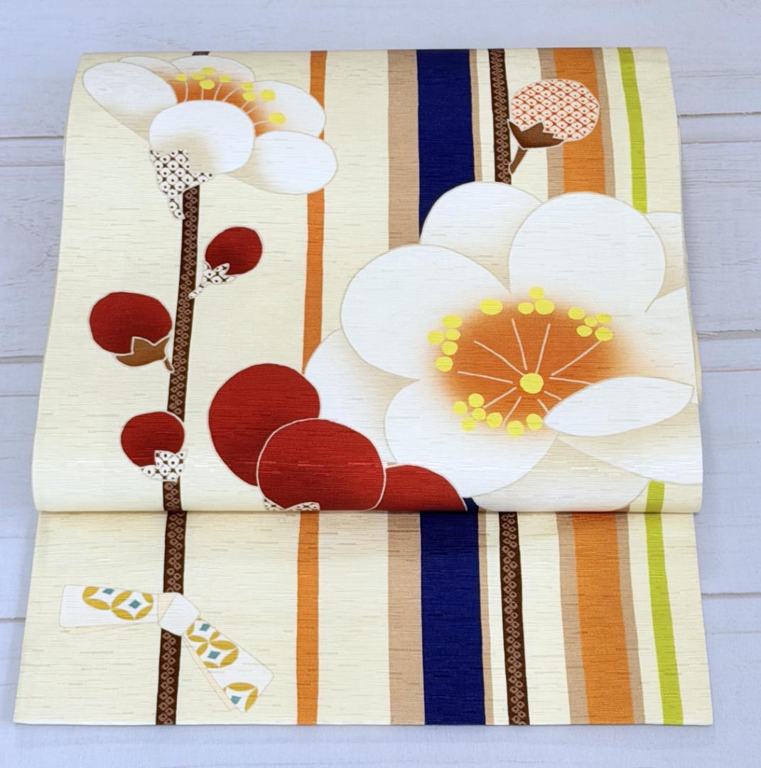 帯７　WA.KKA　梅の花・枝とおみくじ京袋帯　アイボリー系　約３７６×３１