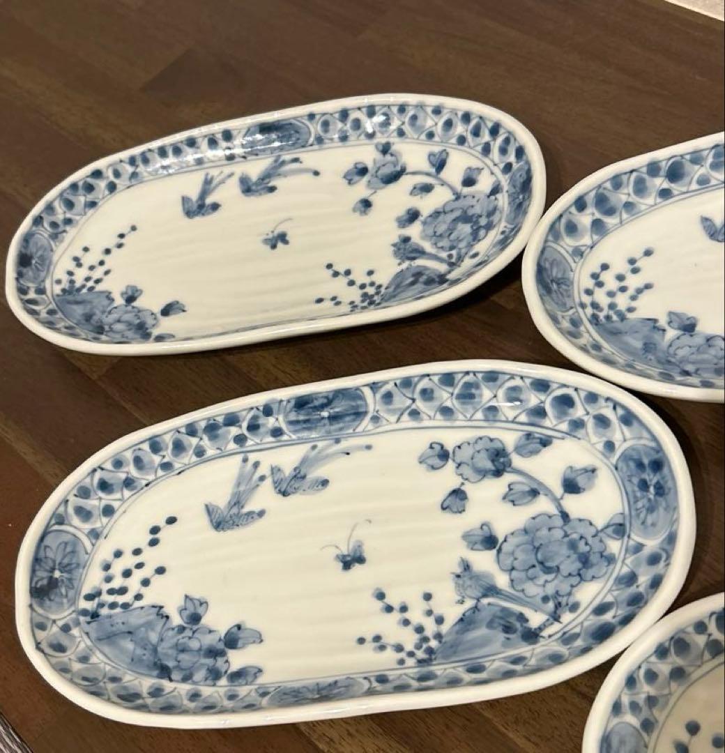 藍水　花鳥　楕円のお皿4枚
