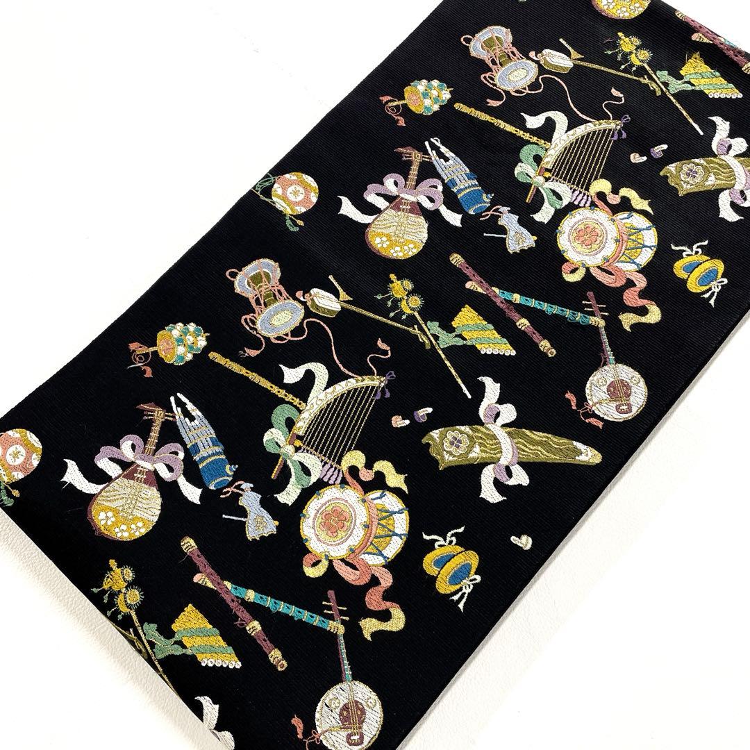 帯5956 ●山下織物謹製 高級 正絹 雅楽器集め 六通 袋帯