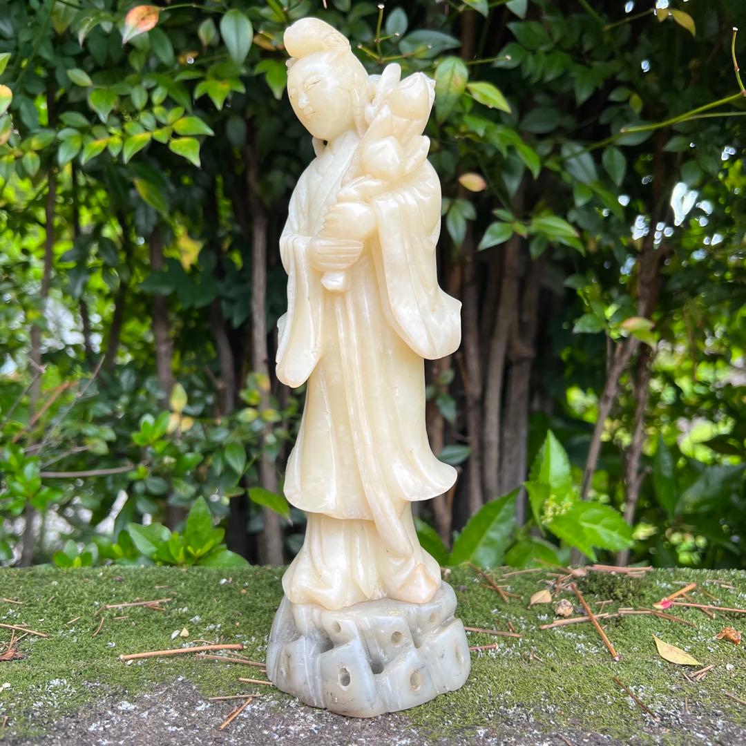 【貴重】芙蓉石西王母置物　23cm！王母娘娘　白寿山石　工芸品