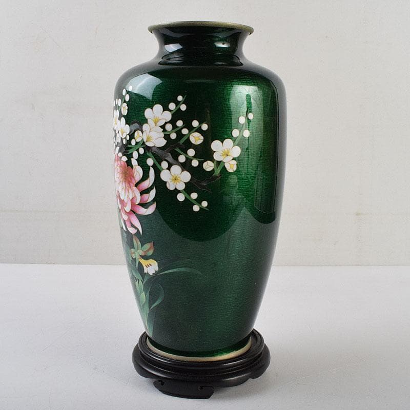 七宝焼　安藤七宝店　緑透釉　四君子文　花瓶　唐木台付　共箱　M　R9508