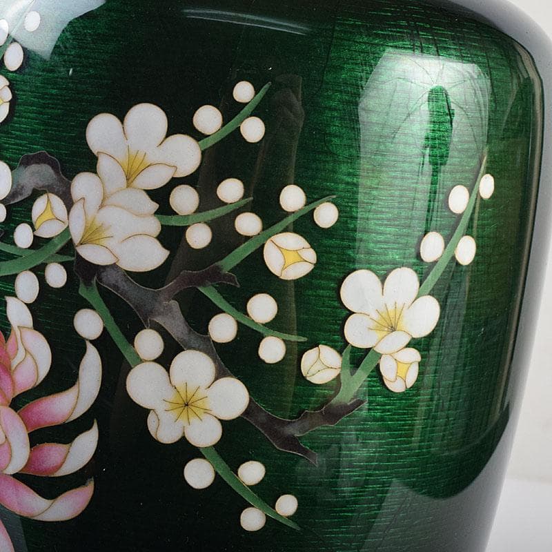 七宝焼　安藤七宝店　緑透釉　四君子文　花瓶　唐木台付　共箱　M　R9508