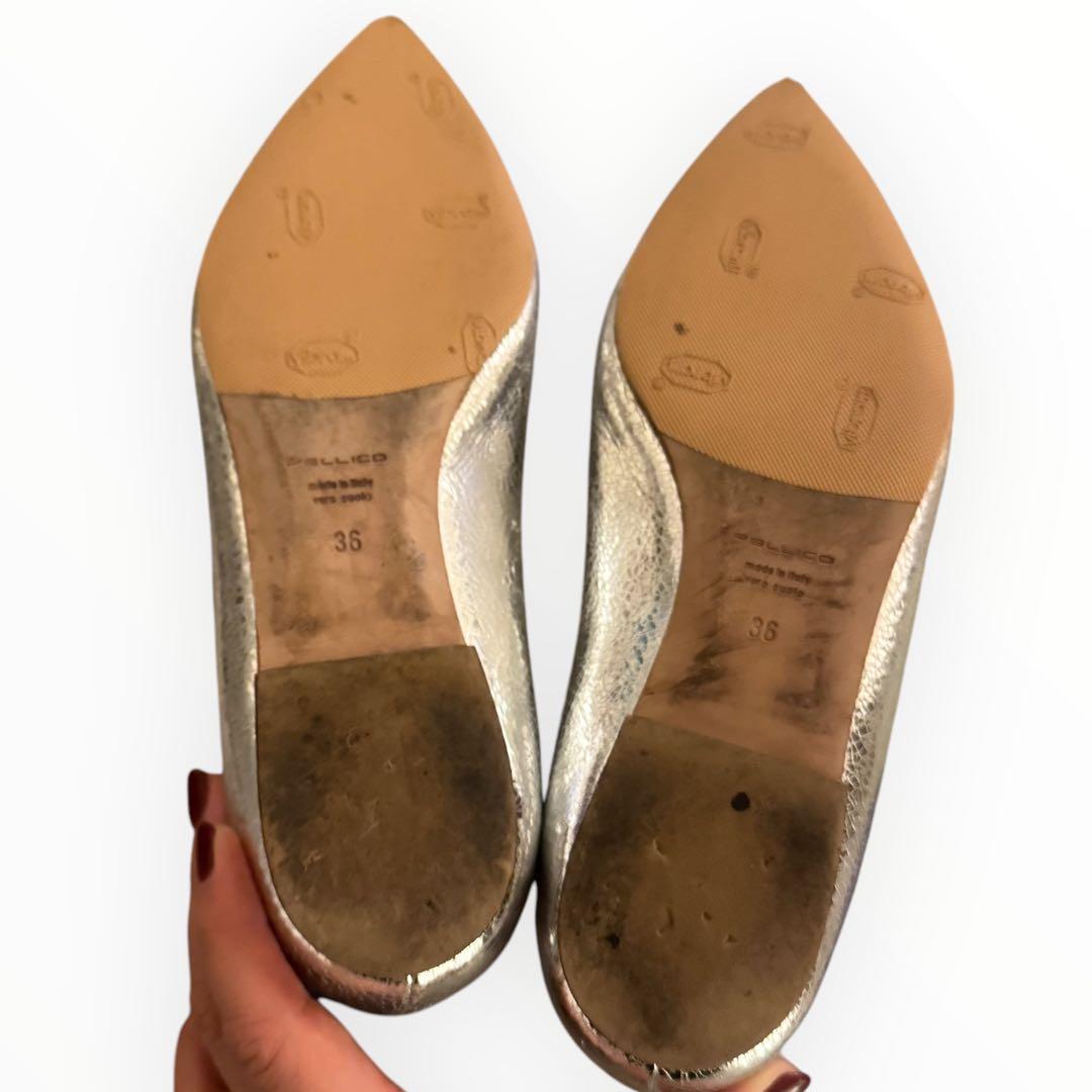 【PELLICOペリーコ】ポインテッドトゥ フラットパンプス 36 シルバー