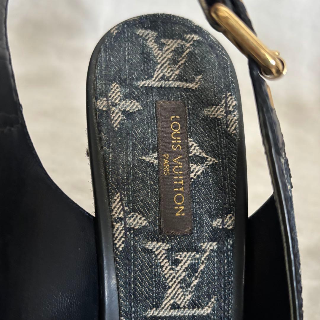 ルイヴィトン モノグラム デニム オープントゥ ウェッジソール サンダル38