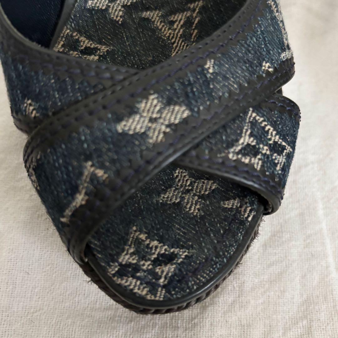 ルイヴィトン モノグラム デニム オープントゥ ウェッジソール サンダル38