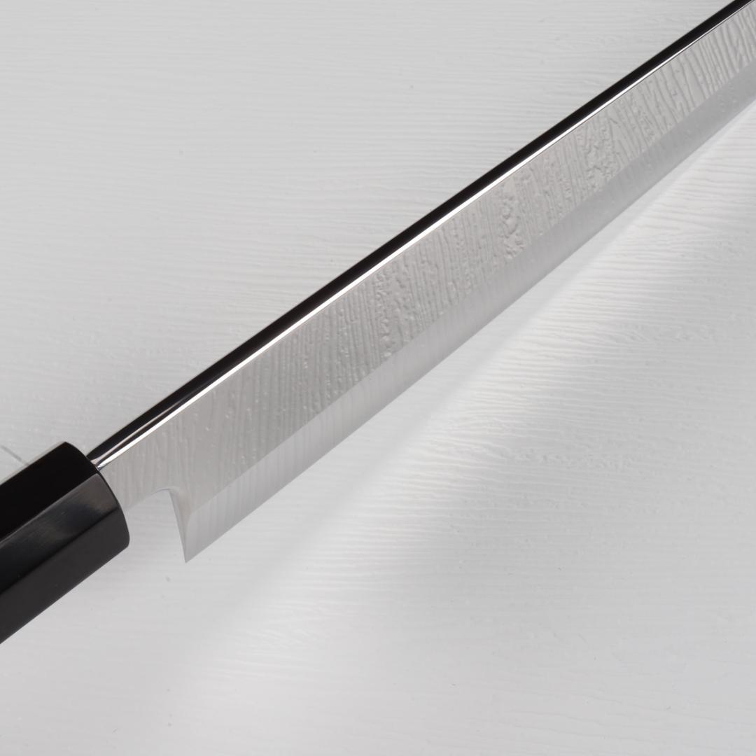 7487梵静刃物9寸勘所牛刀 片刃 ウルトラ鏡面仕上げ 黄檀黒水牛白三本巻八角柄
