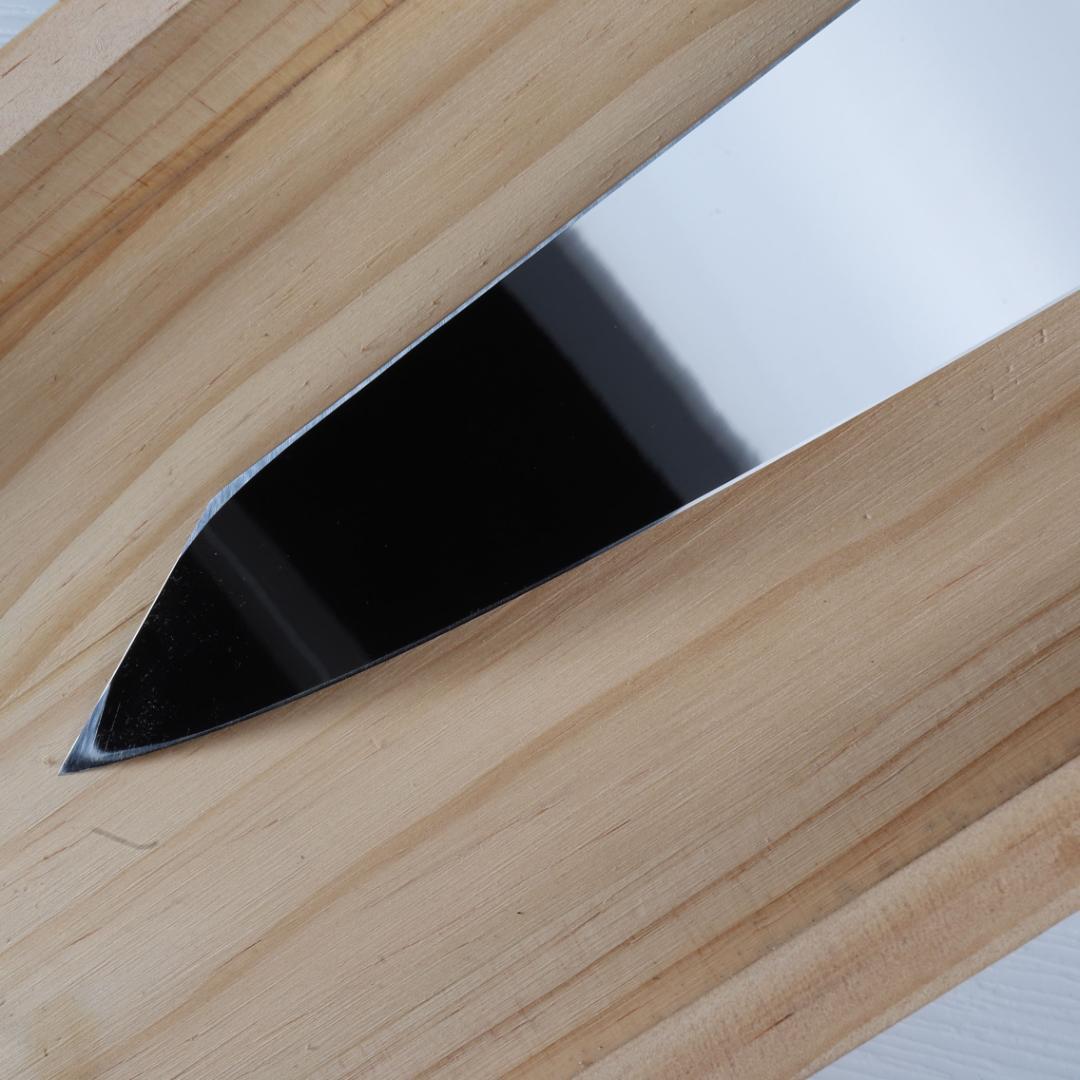 7487梵静刃物9寸勘所牛刀 片刃 ウルトラ鏡面仕上げ 黄檀黒水牛白三本巻八角柄