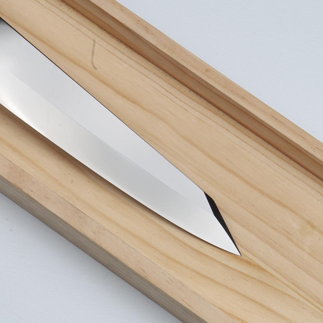 7487梵静刃物9寸勘所牛刀 片刃 ウルトラ鏡面仕上げ 黄檀黒水牛白三本巻八角柄