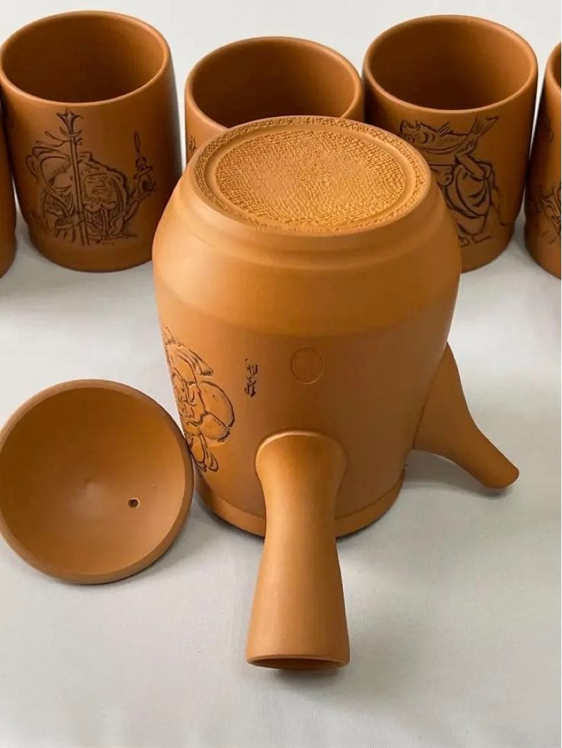 常滑焼　義叟作　伯宝彫り　七福神　急須　湯呑７点セット　茶器　煎茶道具