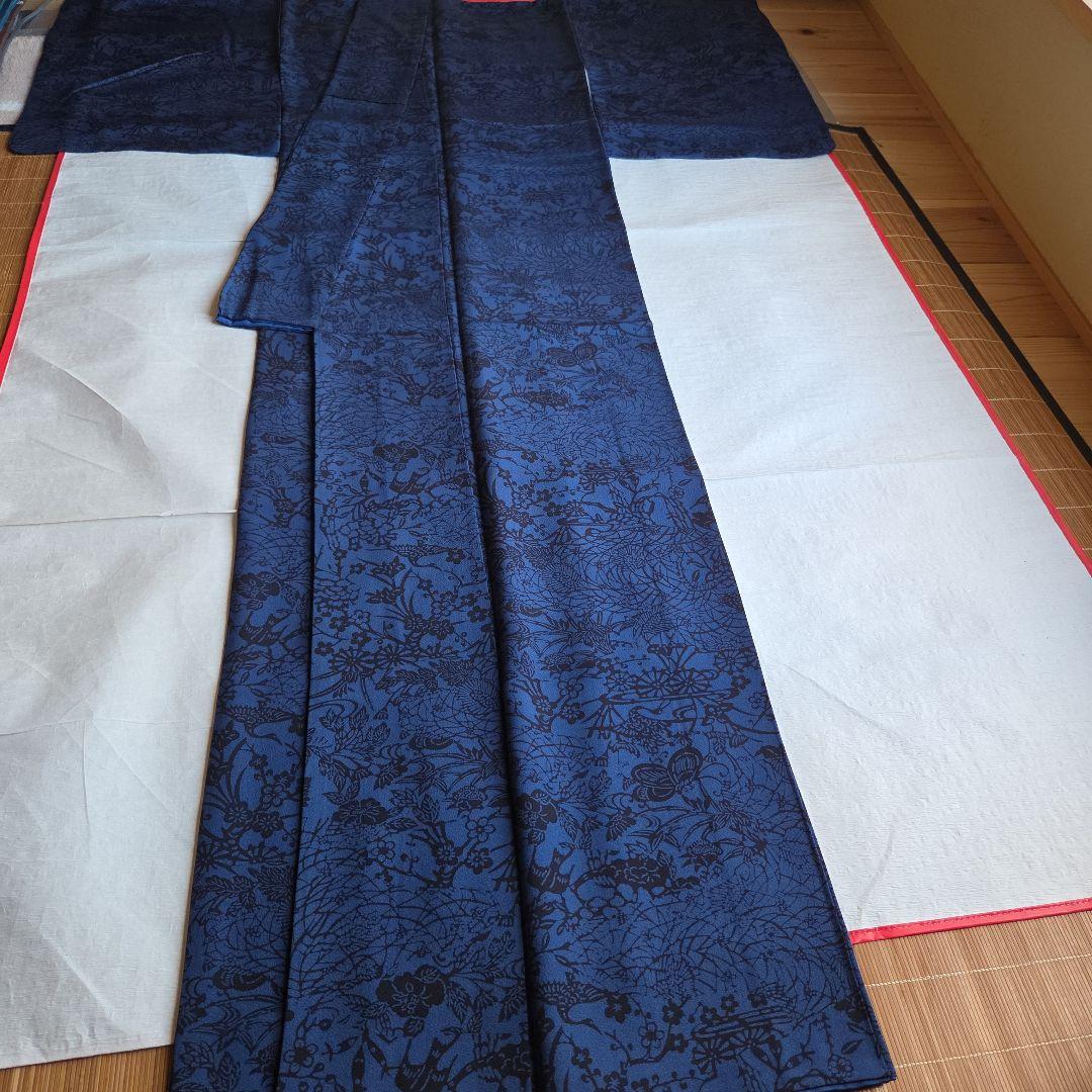 作家物　深い濃藍色　藍染　京友禅染小紋