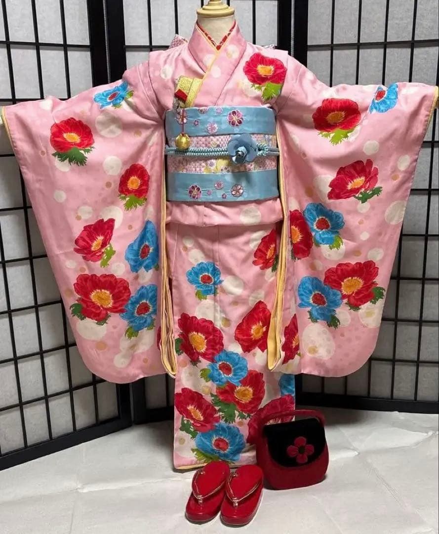 七五三　着物セット　7歳　ハーフ成人式　ブランド　ハッカキッズ　ピンク色　水色