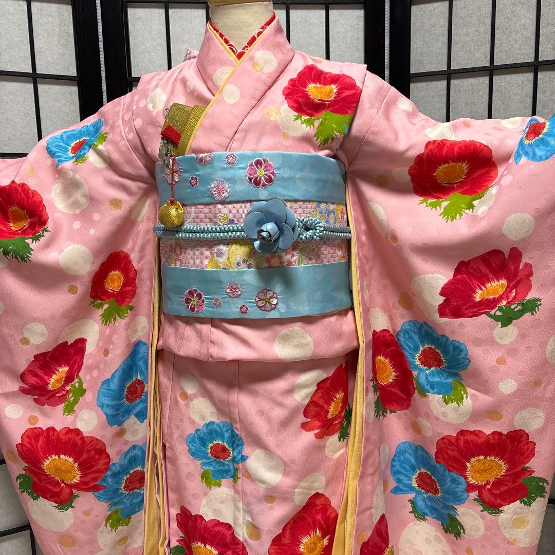 七五三　着物セット　7歳　ハーフ成人式　ブランド　ハッカキッズ　ピンク色　水色