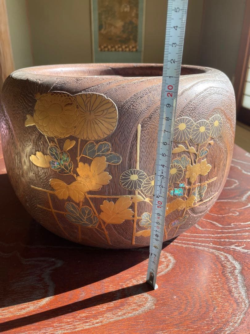 美品　時代　桐火鉢　秋草蒔絵 火鉢　螺鈿入り　茶道具　骨董品　木製火鉢　100年